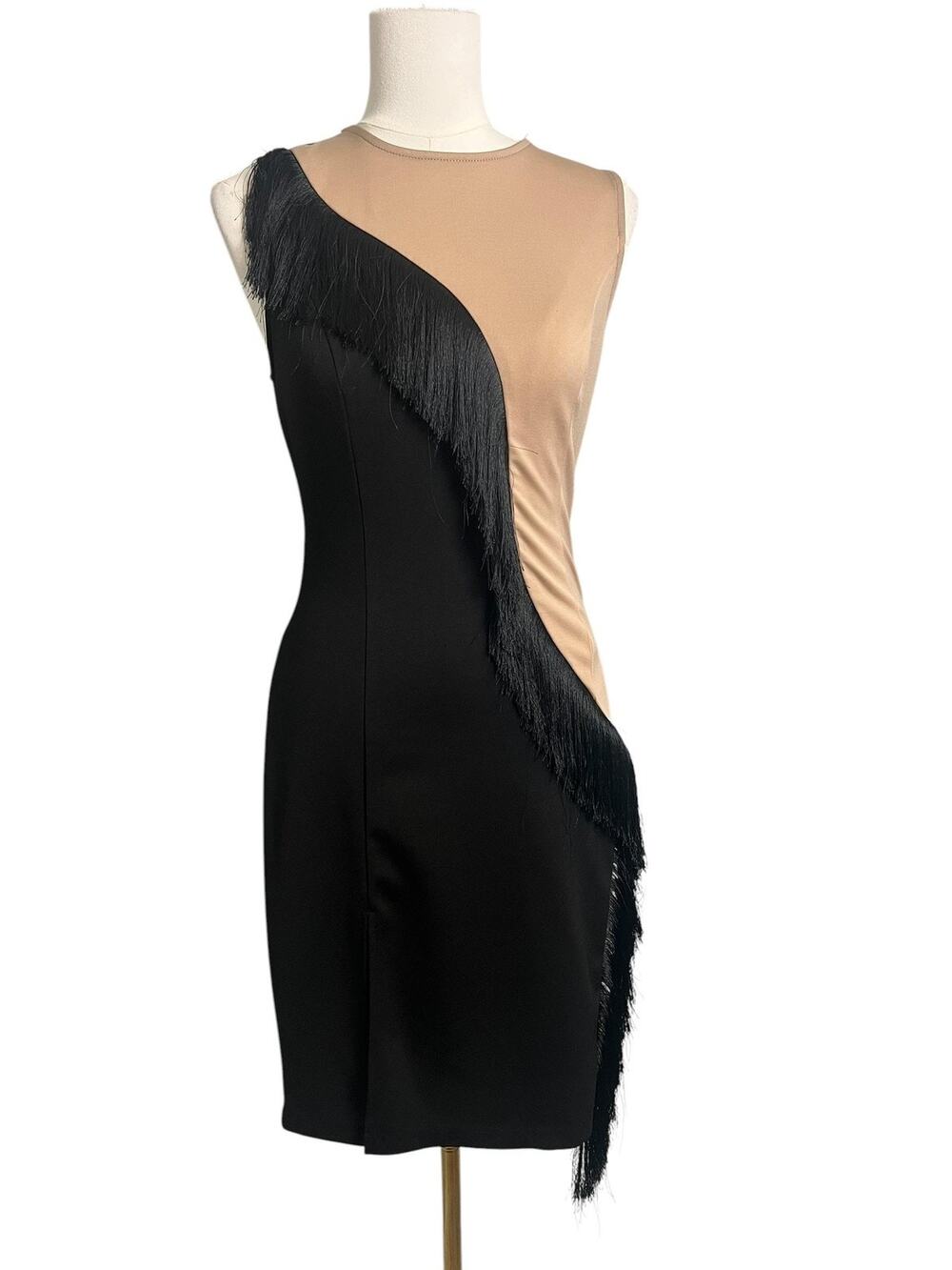 Strut & Bolt Bodycon Dress Small Black Nude One Shoulder Party Mini Fringed